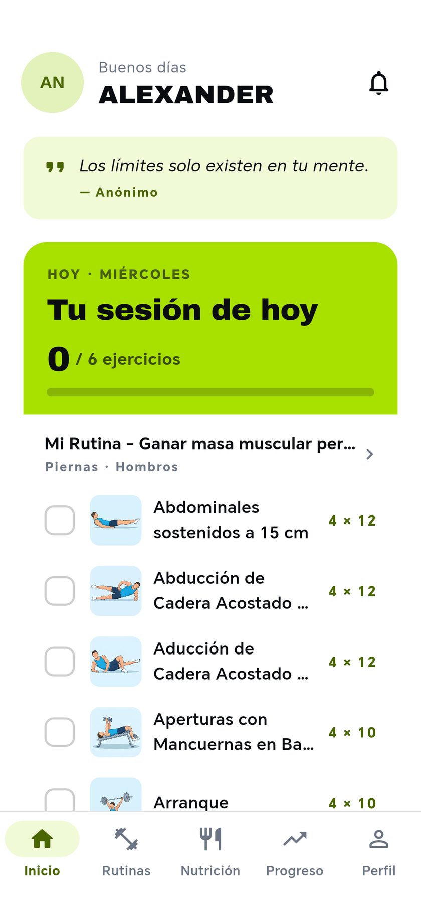 Inicio de la app de gimnasio