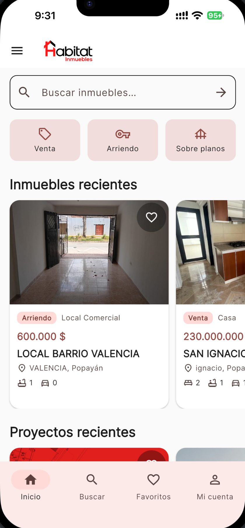 Inicio de la app Habitat Inmuebles