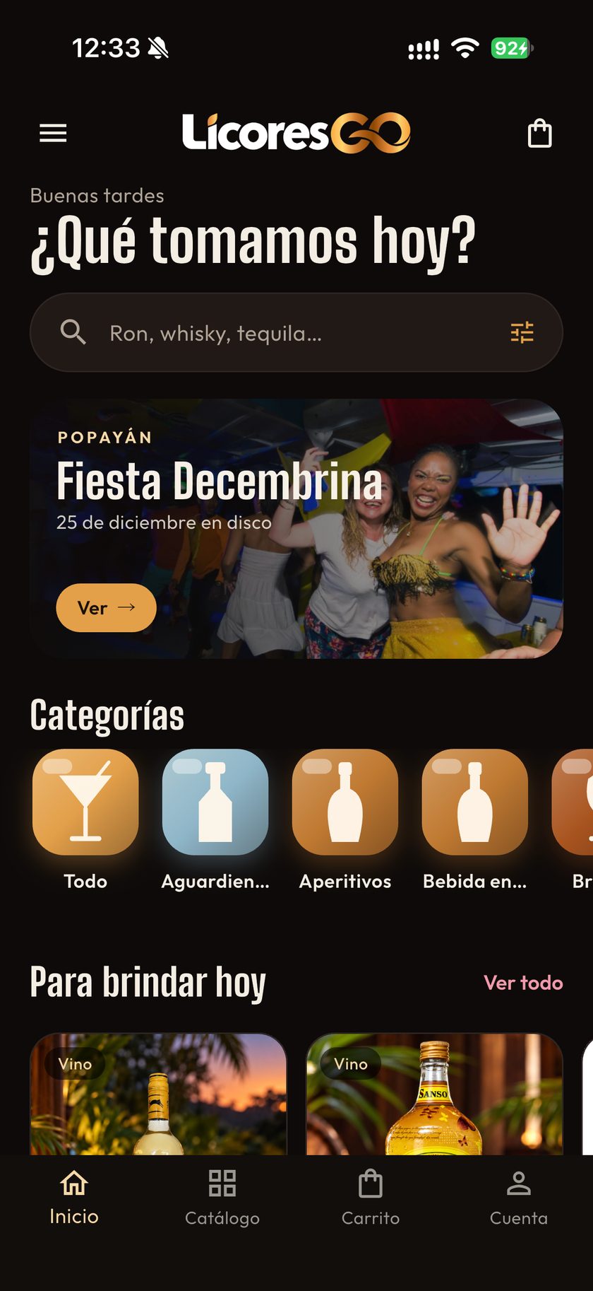 Inicio de la app LicoresGO